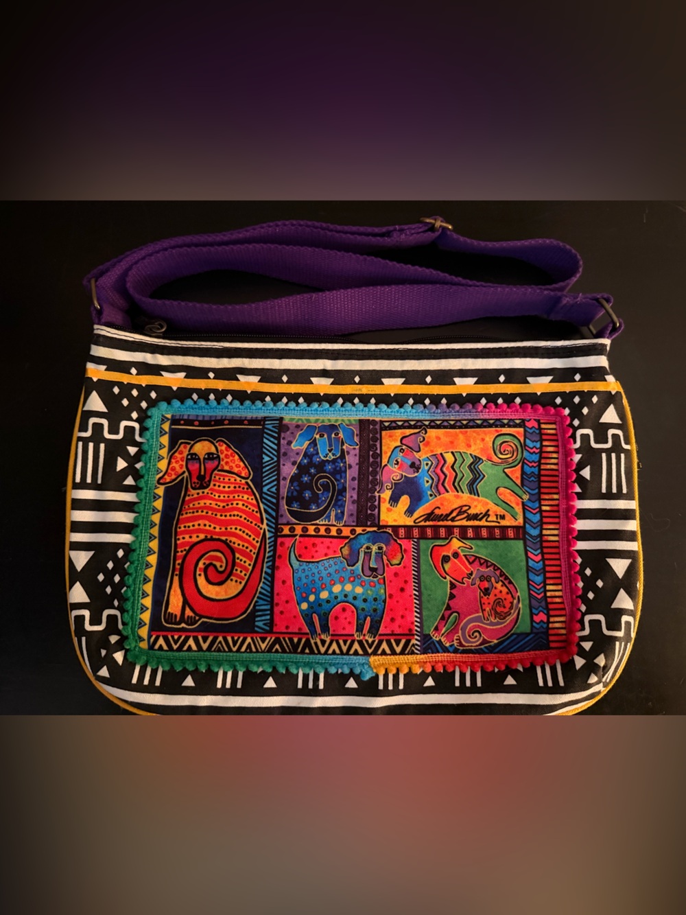 Laurel Burch Multicolor Patchwork Cat Tote with Purple Strap